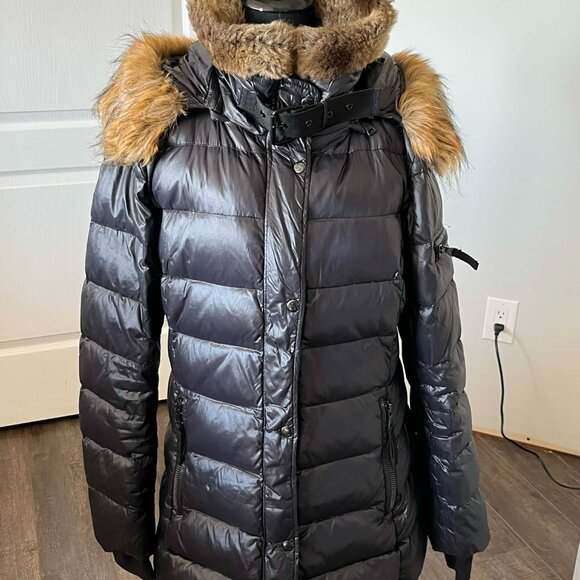 S13 Chelsea High Shine Faux Fur Trim Hooded Down Puffer Coat Women's size Large - Picture 3 of 10